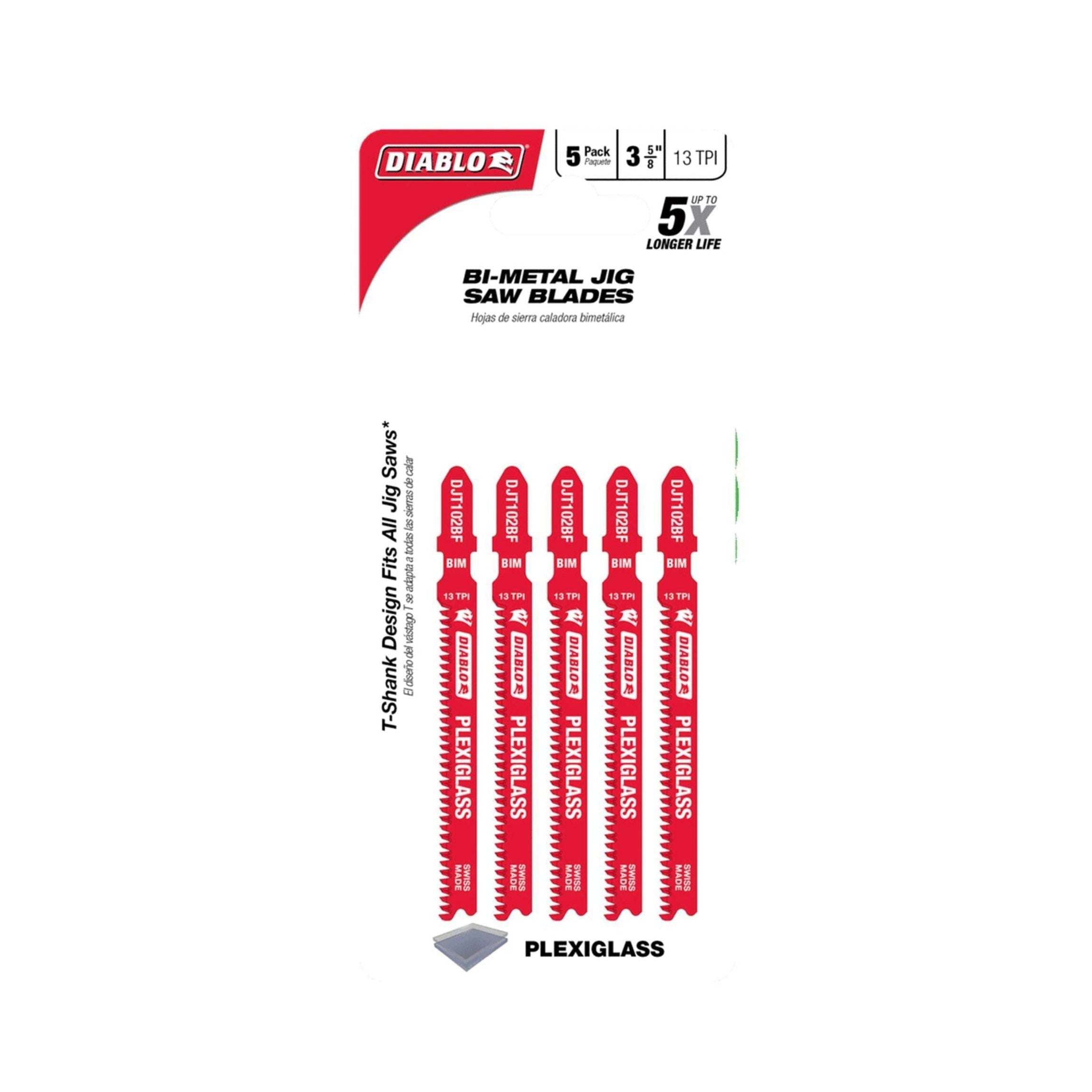 The DIABLO DJT102BF5 3-5/8 in. 13TPI bi-metal jigsaw blades come in a 5-pack ideal for plexiglass, featuring an ultra-hardened cutting edge and T-shank design. They offer enhanced durability with branding and specifications visible on the red packaging.